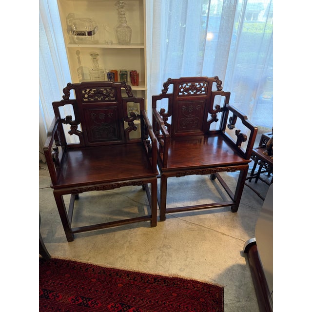 Antique Qing Dynasty Style Hand Carved Solid Rosewood Chairs a Pair For Sale - Image 12 of 12