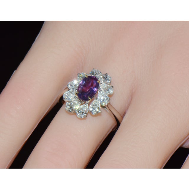 Metal Gia Certified 3.15ct No-Heat Purple Pink Sapphire & Diamond 18k Gold Halo Ring, Size 6.5 For Sale - Image 7 of 18