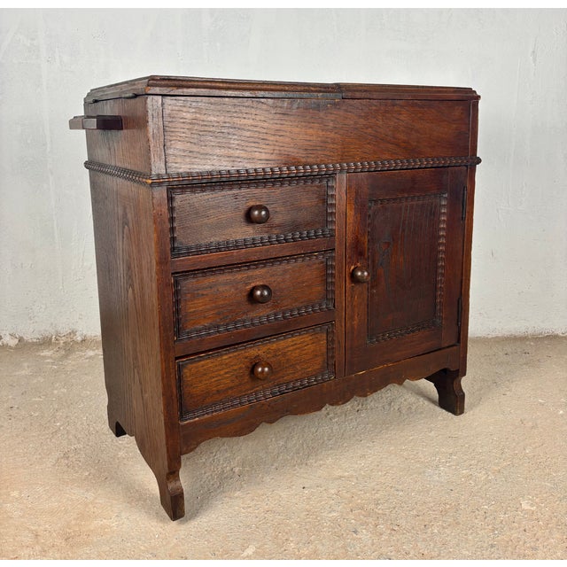 Brown Spanish Oak Sewing Cabinet With Fabric Basket, Early 20th Century For Sale - Image 8 of 18