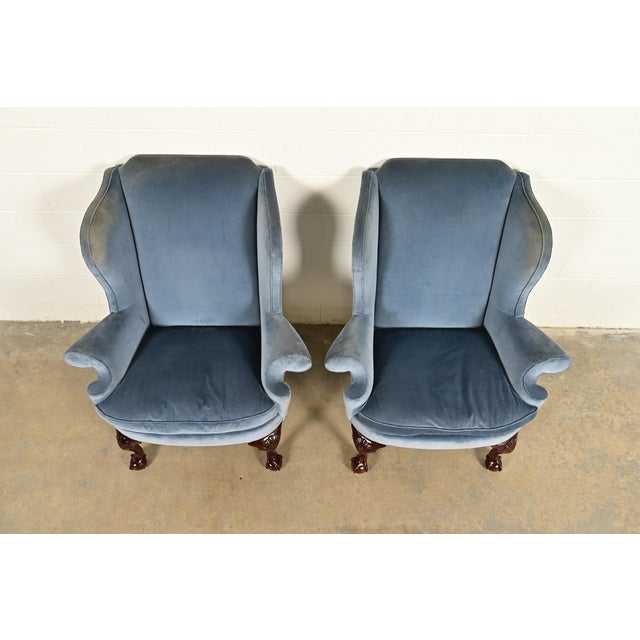 1980s Kindel Furniture Chippendale Carved Mahogany Blue Velvet Upholstered Wingback Lounge Chairs, Pair For Sale - Image 5 of 14