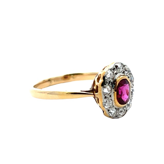 Vintage Two-Tone Ruby & Halo Diamond Ring in 13k Gold, Size 5.5 For Sale - Image 4 of 5