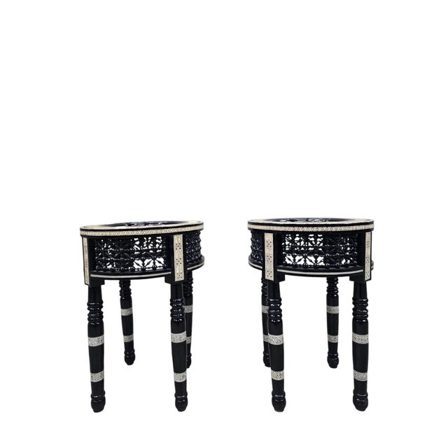 Vintage Moroccan Marquetry Side Tables with Mother-of-Pearl Inlay – Pair An exceptional pair of Moroccan marquetry side...