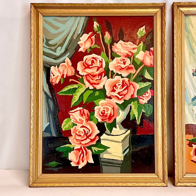 1960s Mid-Century Boho Chic Still Life Roses, Oil Painting - A Pair For Sale - Image 6 of 10