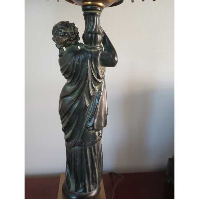 1940s 1940 Art Nouveau Bronze and Brass Figural Statue Table Lamp With Shade For Sale - Image 5 of 12