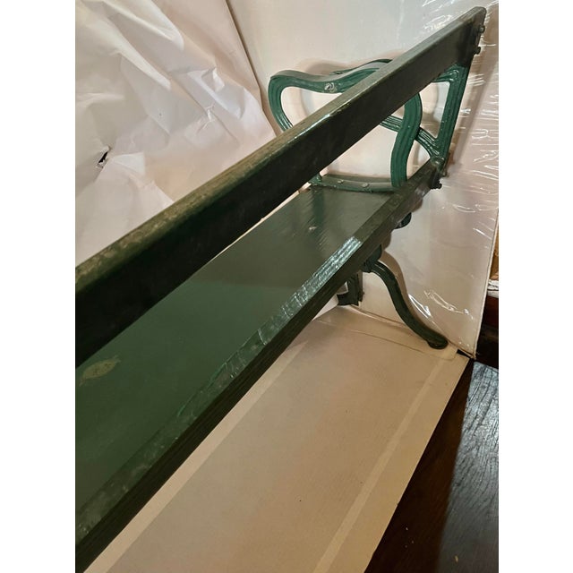 Vintage Hudson Valley Cast Iron Base Wood Railroad Bench Flip Back For Sale - Image 10 of 11