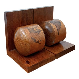 Vintage Globe Inlaid Wooden Bookends - Pair For Sale