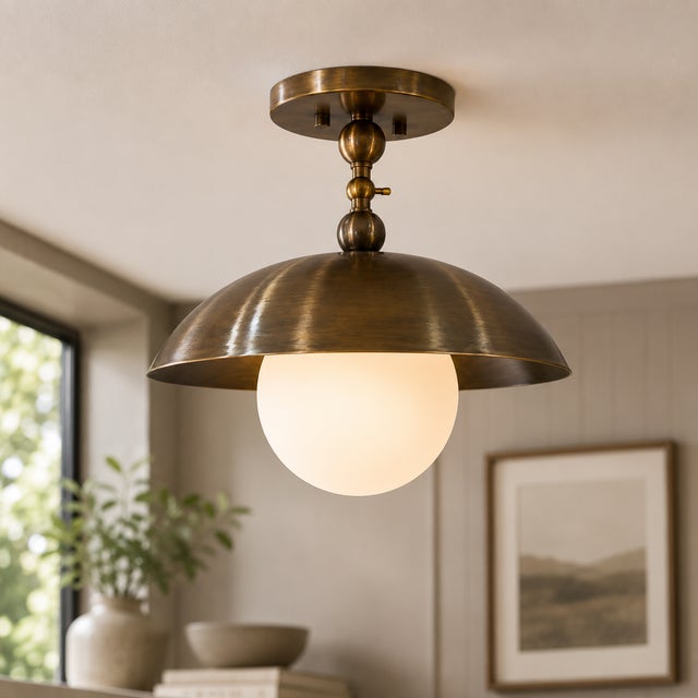 Brass Spun Solid Brass Dome Semi-Flush Mount With Opal Glass Globe For Sale - Image 8 of 8