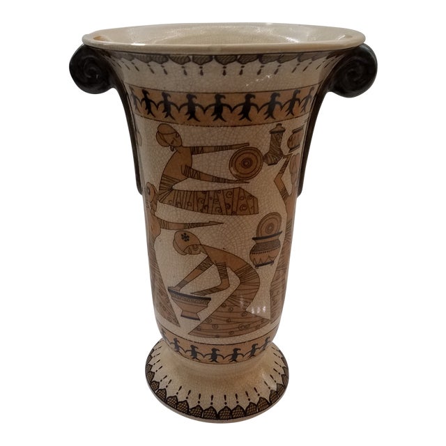 1960s "The Great Wall" Large Crackled Glazed Hand Painted Ceramic Vase For Sale