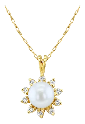 7MM Freshwater Pearl Diamond Halo Necklace 14k Yellow Gold