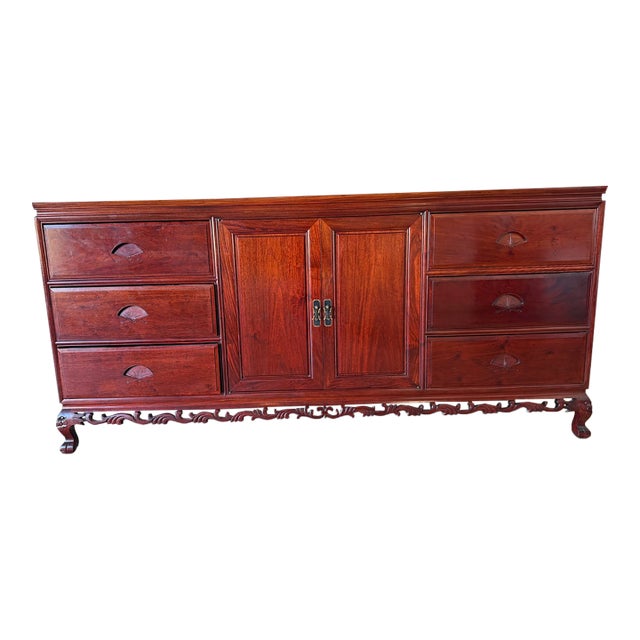 Vintage Chinese Carved Rosewood Dresser With Freestanding Floor Mirror – 2 Pieces For Sale