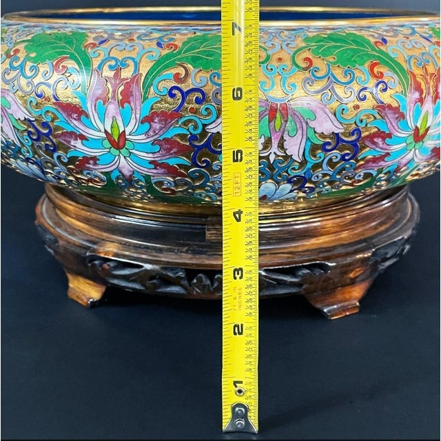 Large Vintage Chinese Cloisonné Lotus Bowl on Carved Wood Stand, 14 Inches For Sale In Denver - Image 6 of 8