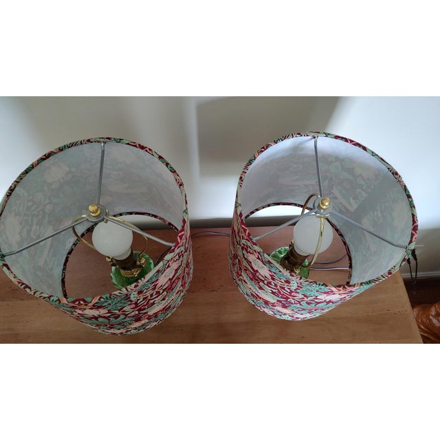 Pair of Vintage Green Globe Lamps With William Morris Shades For Sale - Image 9 of 10