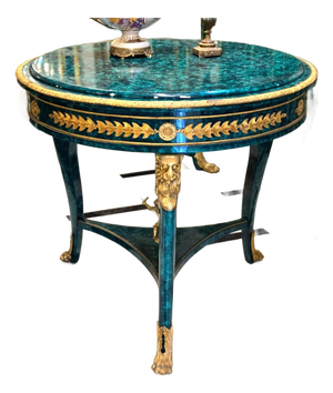 Grand French Louis XV Bottle Green Center Table With Gold Leaf & Bronze Ormolu Details