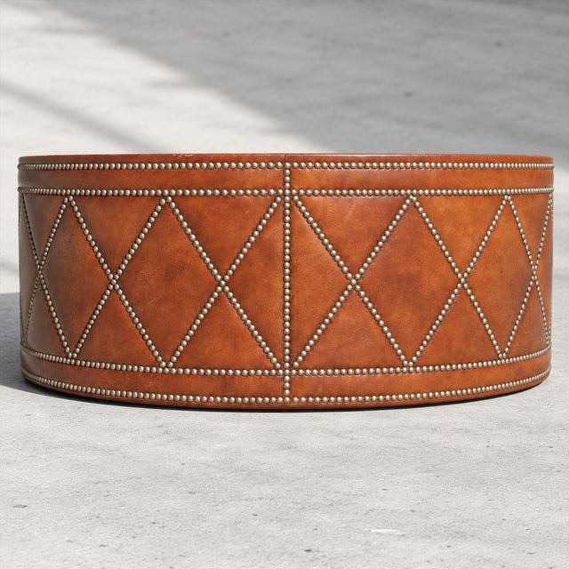 1970s 20th-C. Campaign Style Brass and Leather Round Drum Form Coffee Table For Sale - Image 5 of 5