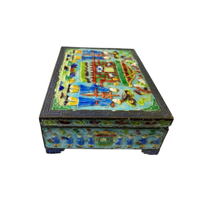 Blue Antique Chinese Export Enamel Box W/ Imperial Carriage & Figures For Sale - Image 8 of 8