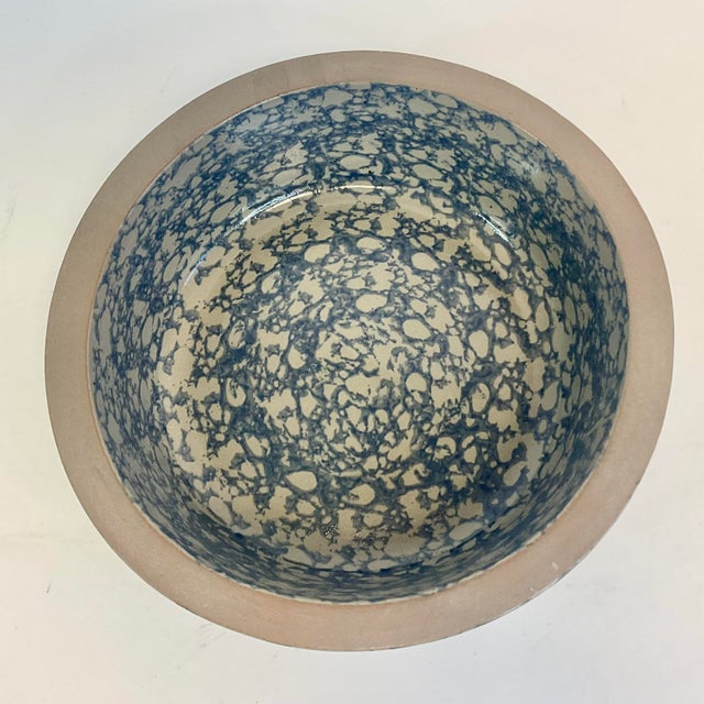 1996 Vintage Americana Folk Art Blue Sponge Wear Bowl, Artist Signed. For Sale - Image 4 of 12