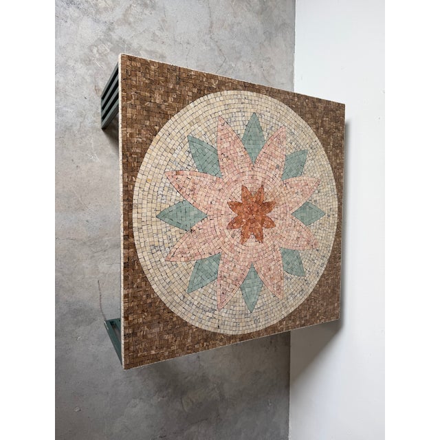 1980’s Vintage Floral Medallion Design Mosaic Top Coffee Table With Green Painted Iron Base For Sale - Image 10 of 12