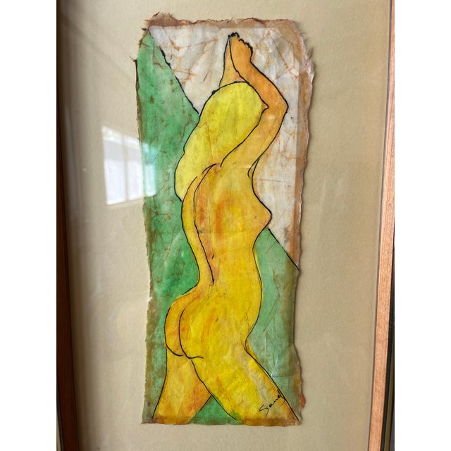 Mid-Century Modern Nude Figural Mixed Media on Batik Framed For Sale - Image 4 of 8
