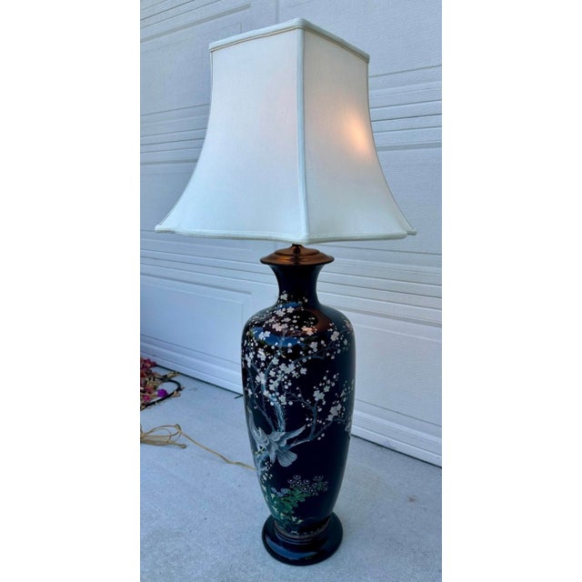 Late 19th Century Huge Meiji Japanese Cloisonné Black Ground Bird & Blossom Tall Table Lamp 40" For Sale - Image 16 of 18