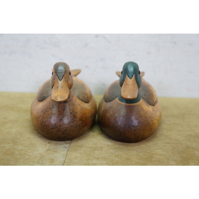 Mid 20th Century Chinese Hand-Carved Wood Mallard Drake and Hen Duck Decoys Pair 10" For Sale - Image 4 of 14