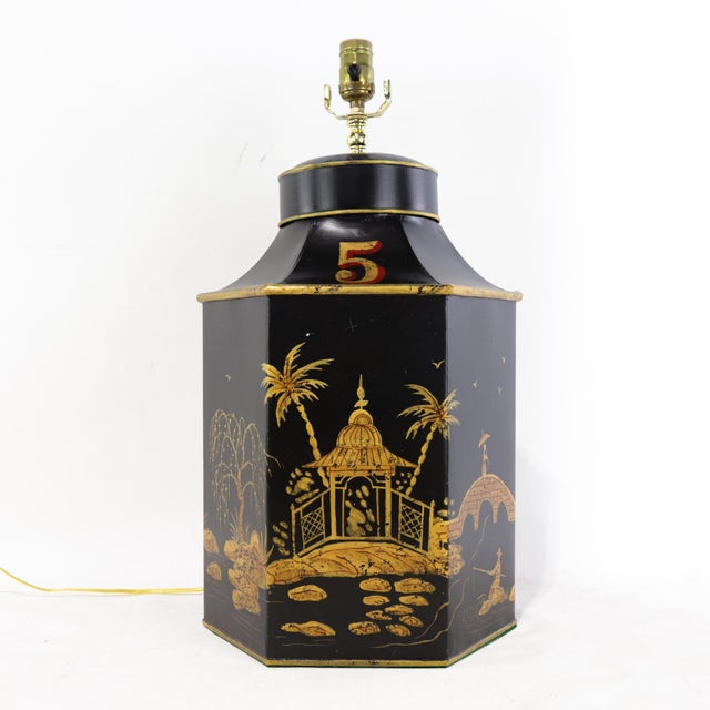 This elegant pair of vintage table lamps is crafted in the form of hexagonal tea caddies, a design popularized by English...