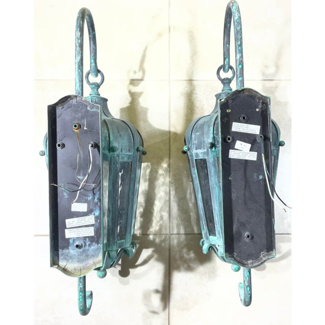 Pair of Vintage Large Solid Brass Outdoor Wall Lanterns For Sale - Image 12 of 17