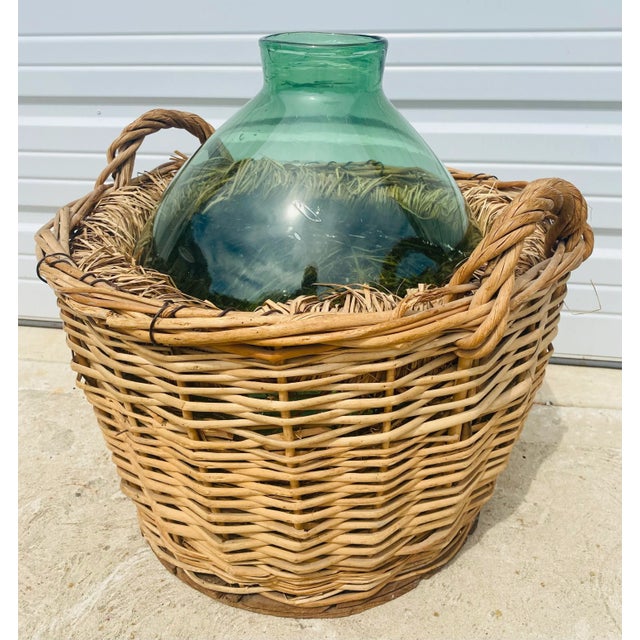 Green Vintage Hand Blown French Country Green Glass Jar With Basket. For Sale - Image 8 of 9