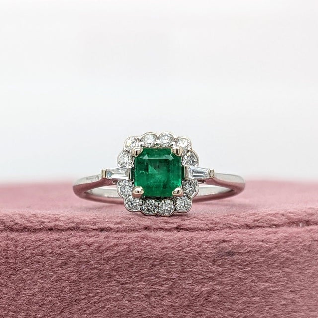 Modern Zambian Emerald Ring With Diamond Accents: Solid 14k Gold, Asscher Cut 5mm, Size 6.75 For Sale - Image 3 of 7