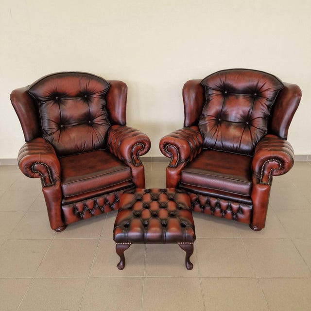 Wood Chesterfield Leather Living Room Set, 1970s, Set of 4 For Sale - Image 7 of 18