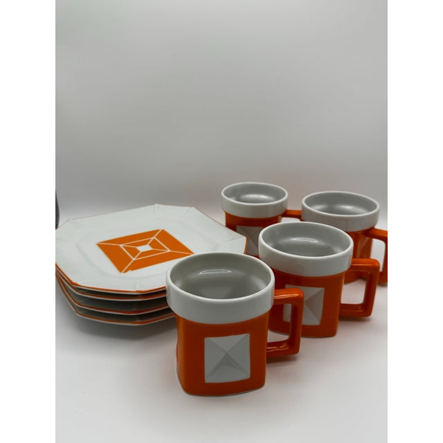 1950s Mid-Century Modern Trend by Nasco Geometric Orange and White Ceramic Mug and Saucer Set - 9 pcs For Sale - Image 10 of 11