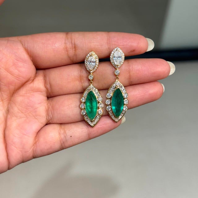 Art Deco 14k Yellow Gold 6.9ct Emerald & 3.24ct Diamond Art Deco Earrings- 2 Pieces For Sale - Image 3 of 14