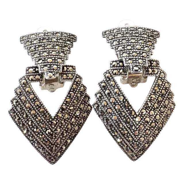 Vintage Art Deco Sterling Silver Marcasite Chevron Gatsby Hoop Earrings Door Knocker Clip On, A Pair For Sale
