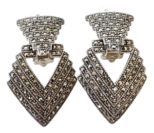 Vintage Art Deco Sterling Silver Marcasite Chevron Gatsby Hoop Earrings Door Knocker Clip On, A Pair