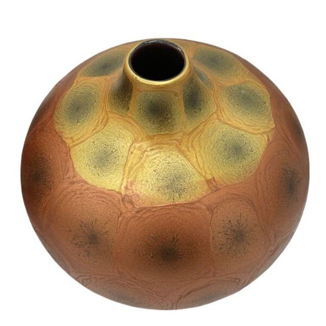 1970s Art Nouveau Weller Style Iridescent Amber & Gold Raku Fired Vase, Pair For Sale - Image 11 of 14