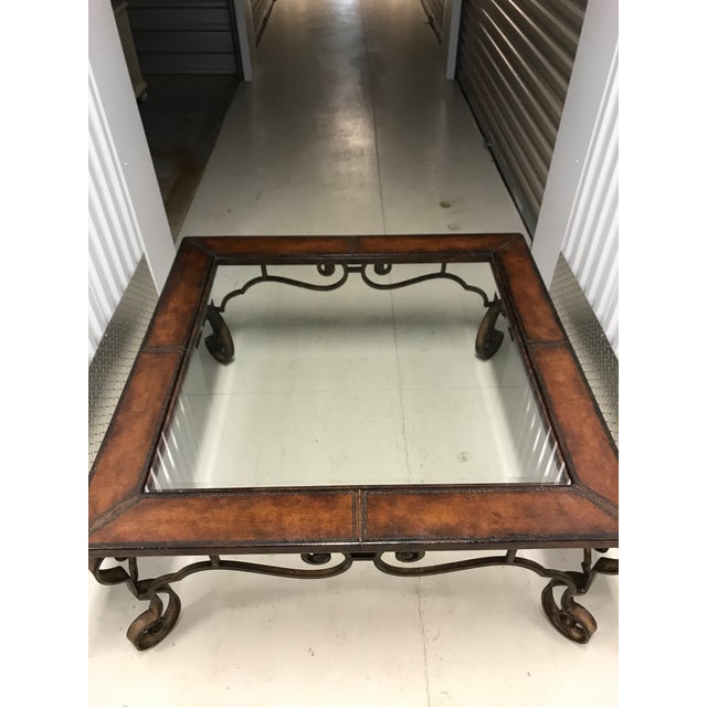 Brown Thomasville Leather, Iron & Glass Top Coffee Table For Sale - Image 8 of 12