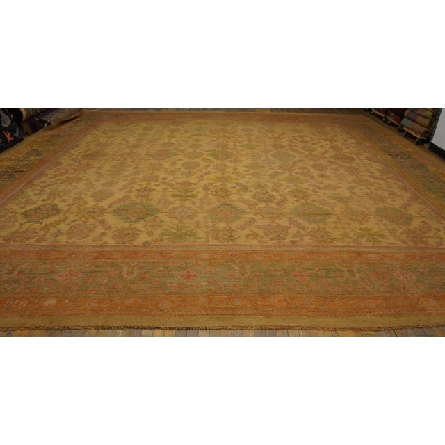 Early 20th Century 1900s Orange Peach Floral Geometric Antique Turkish Oushak Rug 17' 6" X 18' Knotted Pile Wool Carpet For Sale - Image 5 of 11
