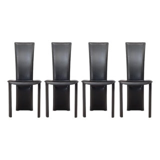 Vintage Set of 4 Pietro Costantini Tripod Black Italian Leather Dining Chairs For Sale