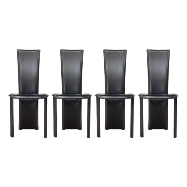 Vintage Set of 4 Pietro Costantini Tripod Black Italian Leather Dining Chairs For Sale