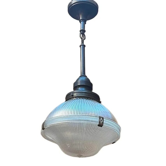 1930s Holophane 4 Clip Glass Pendant on Brass Holder, Circa 1930 For Sale - Image 5 of 6