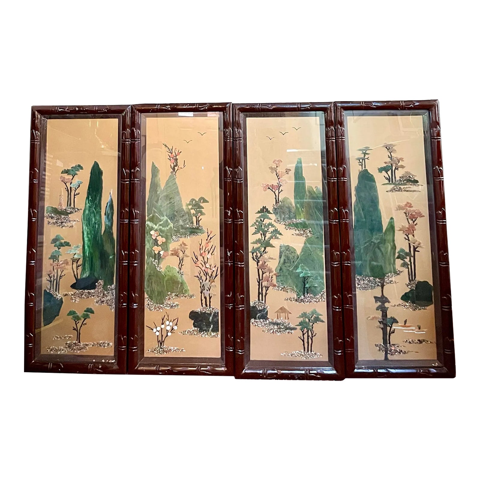 Vintage Chinese Four Seasons Inlaid Stone Four Panel Wood Screen | Chairish