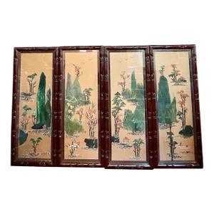 Vintage Chinese Four Seasons Inlaid Stone Four Panel Wood Screen