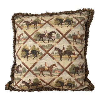 Late 20th Century Equestrian Racehorse and Rider Pillow With Looped Thread Edge For Sale