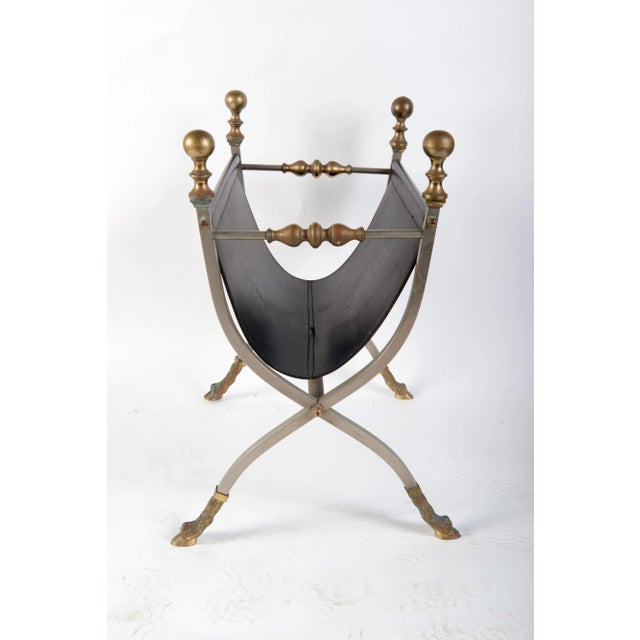 Black Steel, Brass & Leather Maison Jansen Style Magazine Stand For Sale - Image 8 of 11