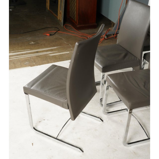 Set of Six Modernist Dining Chairs Plush Leather Chrome Hydraulic Adjustable Backrests For Sale - Image 4 of 9
