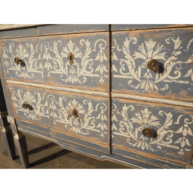 Pair of Hand Painted Blue and White Directoire Style Commodes For Sale - Image 12 of 18