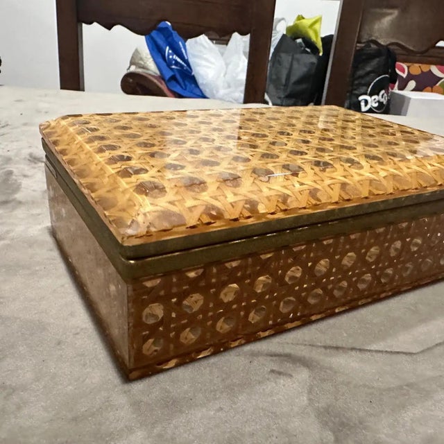 Brown 1980s Plexiglass and Vienna Straw Rectangular Box in the Manner of Dior Home For Sale - Image 8 of 13