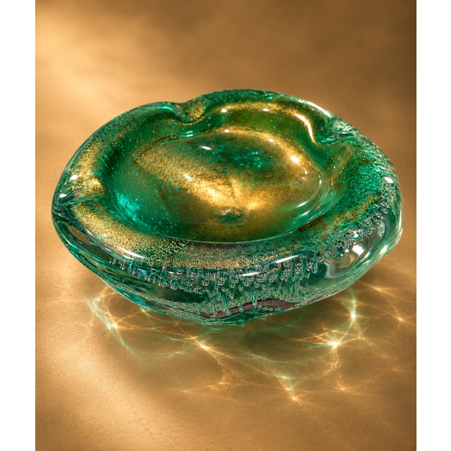 Vintage Murano Style Bullicante Green Art Glass Ashtray, Mid-Century Modern Italian Glass Bowl For Sale - Image 6 of 9