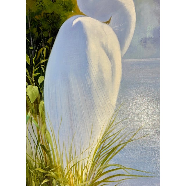 White Egret in Marsh Landscape — Serene Original Oil Painting by P. Charles For Sale - Image 6 of 8