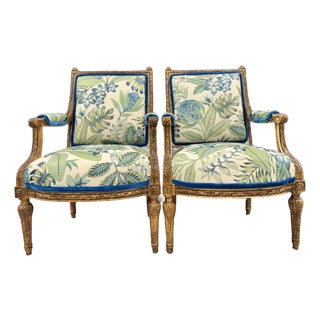 Pair of Antique French Louis XVI Gilt Large Arm Chairs Bergeres For Sale