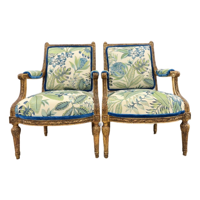 Pair of Antique French Louis XVI Gilt Large Arm Chairs Bergeres For Sale